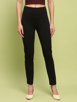 Madame - Pleated Solid Black Rayon Blend Jeggings for Women