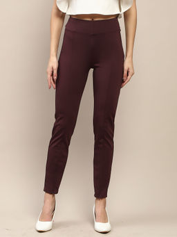 Madame - Pleated Solid Wine Rayon Blend Jeggings for Women