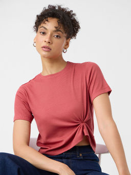 The Souled Store - Originals Ribbed Pink T-Shirt: Carmine