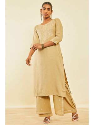 Buy Soch Earth Rayon Slub Embroidered Kurta With Thread Work (Set of 2 ...