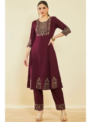 Women Wine Rayon Designer Embroidery Work Kurta Set With Dupatta