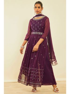 Wine Georgette Embroidered Set Ribbon & Sequin Work Top with Palazzo and Dupatta