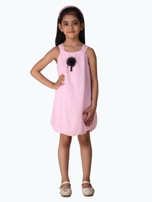 Babyhug Sleeveless  Swiss Dot Design Party Dress with Floral Corsage - Light Blue