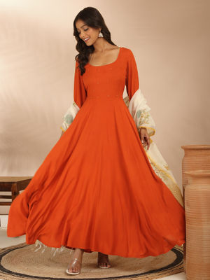 Women Chanderi Rust Kurta Skirt Dupatta