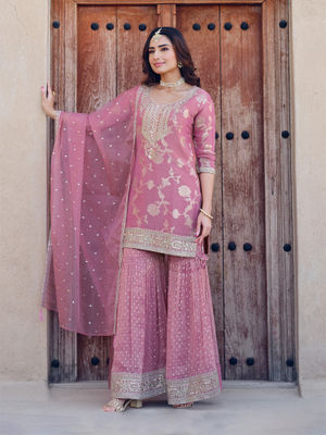 Savi Pink Embroidered Pure Cotton Sharara Dupatta Set main image 1