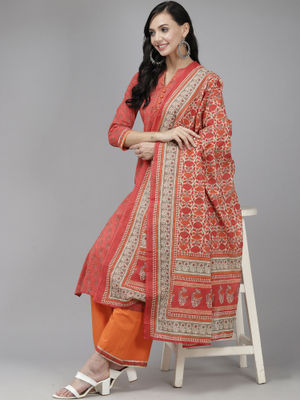 Indo Era Orange Printed Straight Kurta Palazzo With Dupatta Set