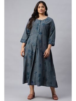 W - Plus Size Blue Floral Printed Flared Indie Dress