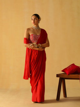 Sheetal Batra - Rumaan Deep Red Pre Draped Saree with Stitched Blouse and Belt