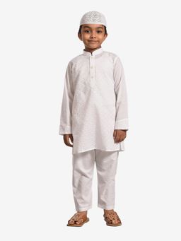 Pehanaava - Boys Eid Designer Chikankari Cotton Kurta & Pyjama with Topi White (Set of 3)