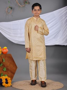 Pehanaava - Boys Printed Silk Blend Traditional Kurta & Pyjama Yellow (Set of 2)