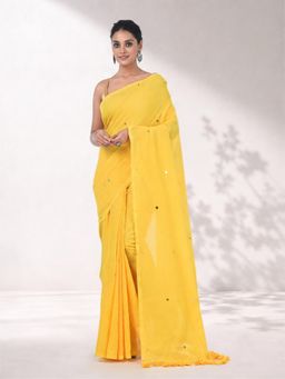 Arhi - Women Yellow Embellished & Sequined Cotton Saree with Unstitched Blouse