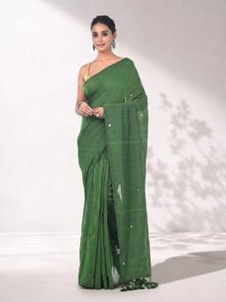 Arhi - Women Green Embellished & Sequined Cotton Saree with Unstitched Blouse