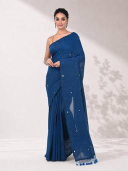 Arhi - Women Navy Blue Embellished & Sequined Cotton Saree with Unstitched Blouse