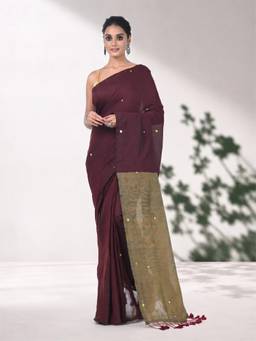 Arhi - Women Maroon Colorblock Cotton Saree with Unstitched Blouse