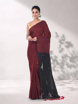 Arhi - Women Red Colorblock Cotton Saree with Unstitched Blouse