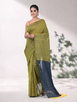 Arhi - Women Green Colorblock Cotton Saree with Unstitched Blouse