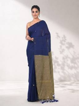 Arhi - Women Blue Colorblock Cotton Saree with Unstitched Blouse