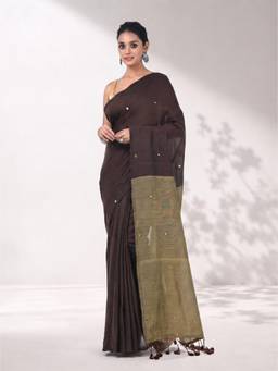 Arhi - Women Brown Colorblock Cotton Saree with Unstitched Blouse