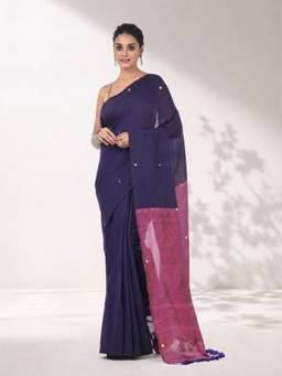Arhi - Women Purple Colorblock Cotton Saree with Unstitched Blouse