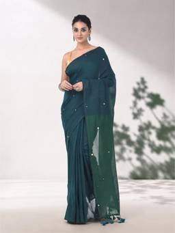 Arhi - Women Teal Colorblock Cotton Saree with Unstitched Blouse