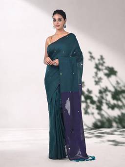 Arhi - Women Teal Colorblock Cotton Saree with Unstitched Blouse