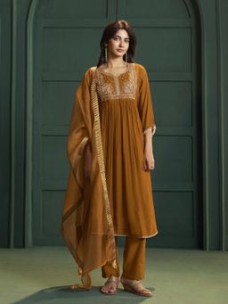 Autumnlane - Women Rust Embellished Anarkali Kurta and Pant with Dupatta