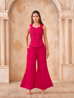 Tikhi Imli - Women Magenta Embellished & Sequined Silk Blend Top with Pant