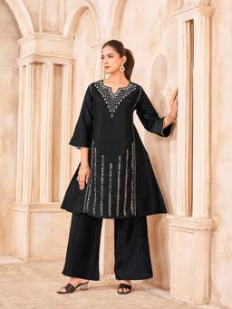 Tikhi Imli - Women Black Embellished & Sequined Silk Blend Kurta with Pant