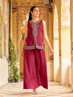 Tikhi Imli - Women Wine Embroidered Silk Blend Top with Palazzo