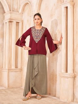 Tikhi Imli - Women Maroon Solid/Plain Silk Blend Top with Skirt