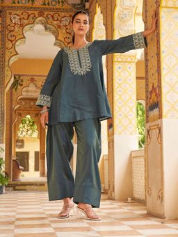 Tikhi Imli - Women Navy Blue Embellished & Sequined Silk Blend Tunic with Pant