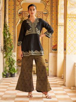 Tikhi Imli - Women Black Embroidered Silk Blend Tunic with Pant