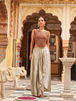 Tikhi Imli - Women Orange Embellished & Sequined Silk Blend Top with Skirt