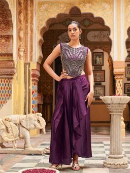 Tikhi Imli - Women Purple Embellished & Sequined Silk Blend Top with Skirt