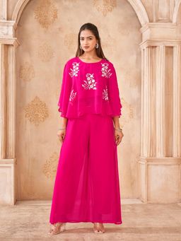 Tikhi Imli - Women Pink Embroidered Georgette Top with Palazzo