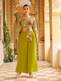 Tikhi Imli - Women Yellow Floral Silk Blend Crop Top with Palazzo