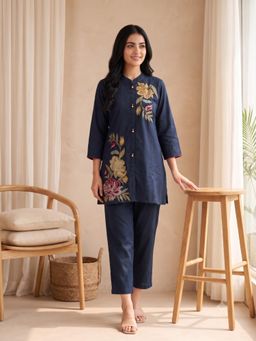 Autumnlane - Women Navy Blue Embroidered Cotton Kurta with Pant