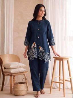 Autumnlane - Women Navy Blue Embroidered Cotton Kurta with Pant