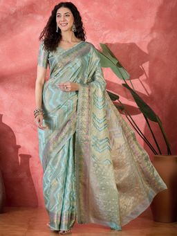 KIMISHA - Women Blue Woven Silk Saree with Unstitched Blouse