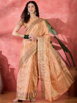 KIMISHA - Women Peach Woven Silk Saree with Unstitched Blouse
