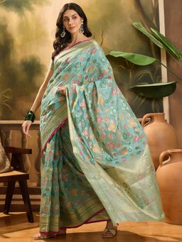 KIMISHA - Women Blue Woven Organza Saree with Unstitched Blouse