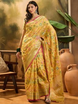 KIMISHA - Women Gold Woven Organza Saree with Unstitched Blouse