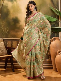 KIMISHA - Women Green Woven Organza Saree with Unstitched Blouse