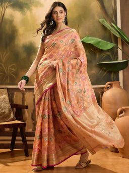 KIMISHA - Women Peach Woven Organza Saree with Unstitched Blouse