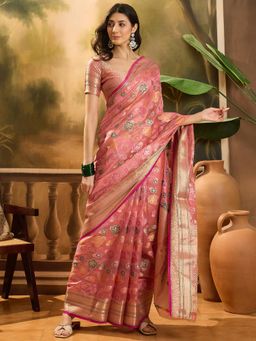 KIMISHA - Women Pink Woven Organza Saree with Unstitched Blouse