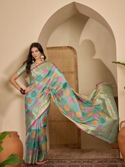 KIMISHA - Women Blue Woven Organza Saree with Unstitched Blouse