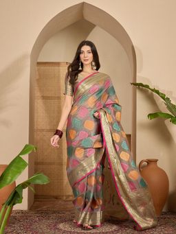 KIMISHA - Women Grey Woven Organza Saree with Unstitched Blouse