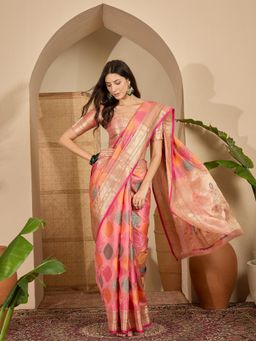 KIMISHA - Women Peach Woven Organza Saree with Unstitched Blouse