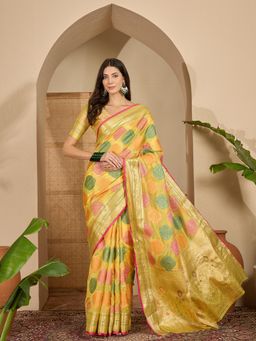 KIMISHA - Women Yellow Woven Organza Saree with Unstitched Blouse