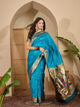 KIMISHA - Women Blue Woven Silk Blend Saree with Unstitched Blouse